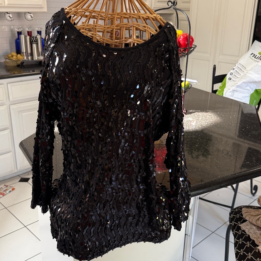 Black Sequin Long Sleeve Top in M